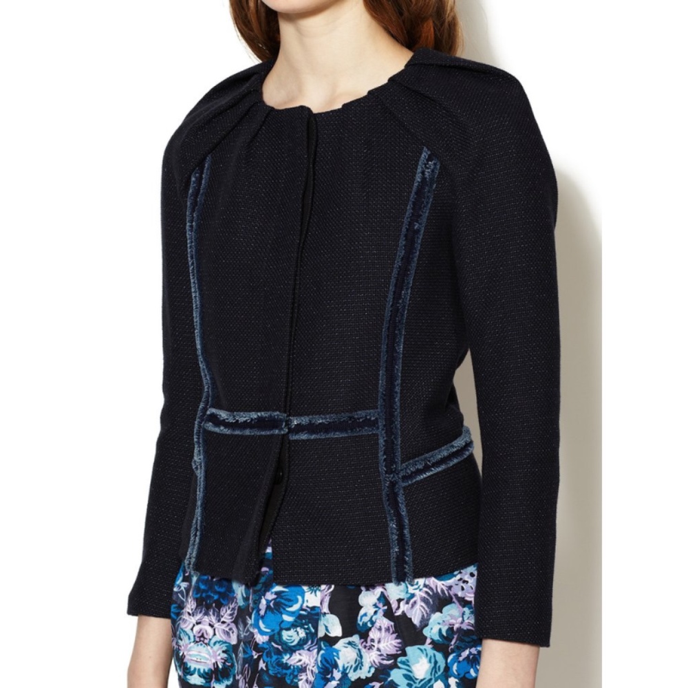 Maje Lorie Tweed Jacket Navy Pleated Fringe Size XS